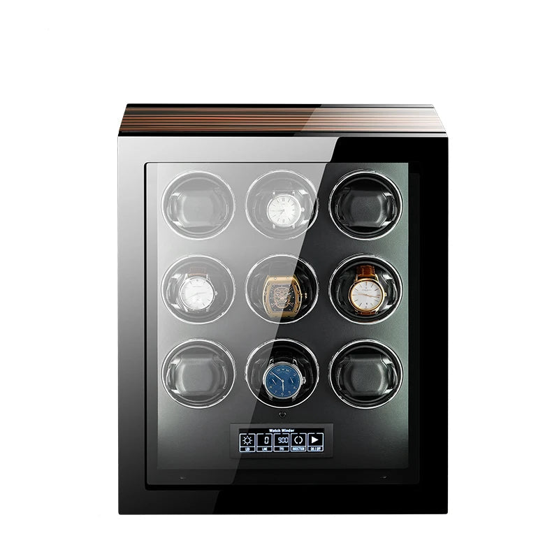 Luxury watch winder cabinet with glass door displaying multiple automatic watches
