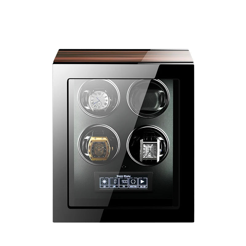 Luxury four-slot watch winder with digital control panel and glass display front