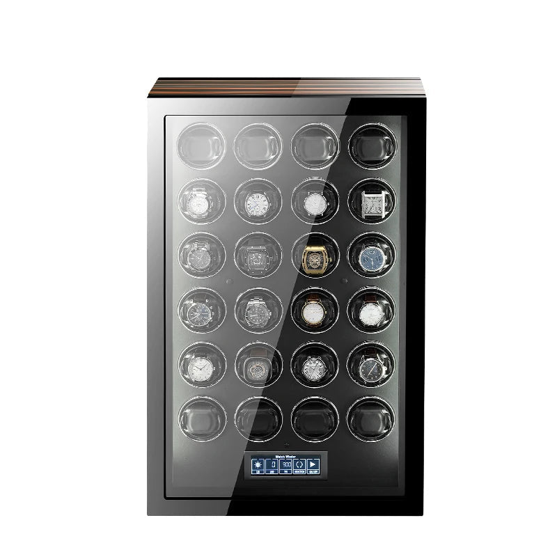 Luxury multi-watch winder box with glass top and digital control panel