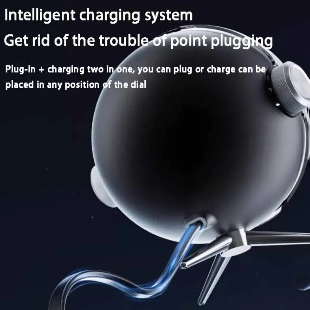 Black spherical watch winder with intelligent charging system and modern metallic accents