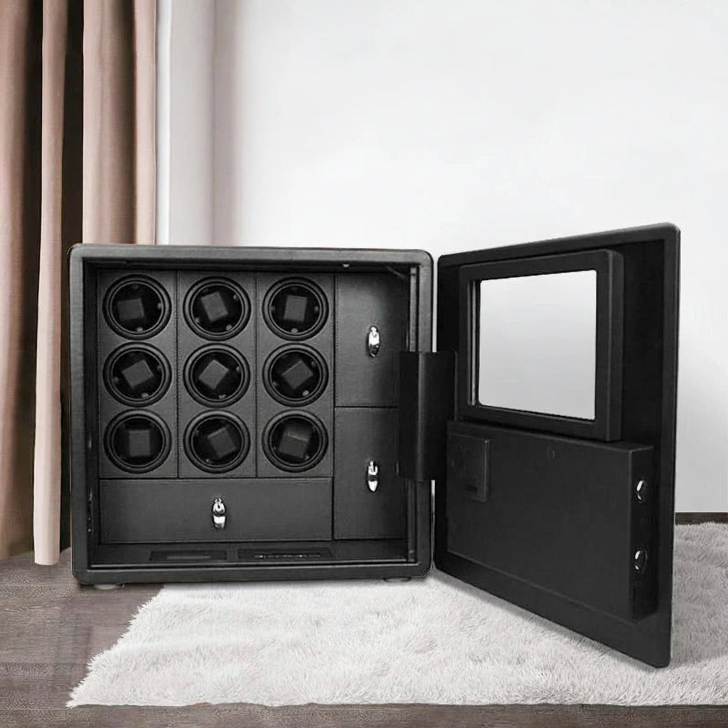Luxury black watch winder safe with open door, multiple slots, and secure lock system