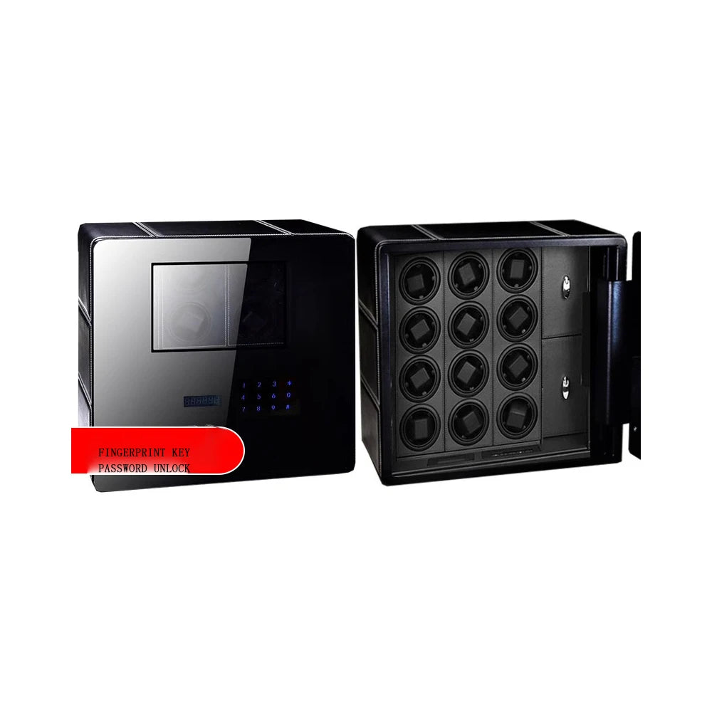 Black fingerprint and password watch winder safe with digital keypad and open door
