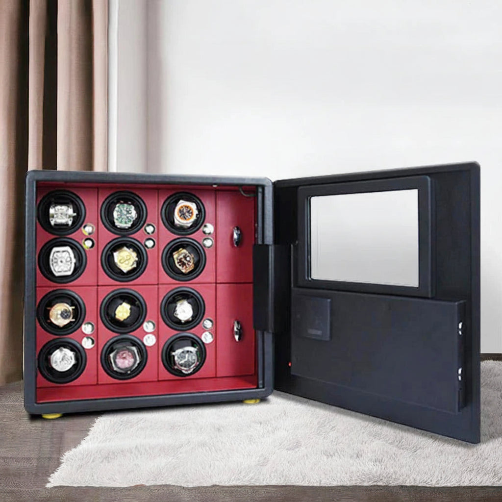 Luxury watch winder safe with open door displaying multiple watches, red interior, home setting