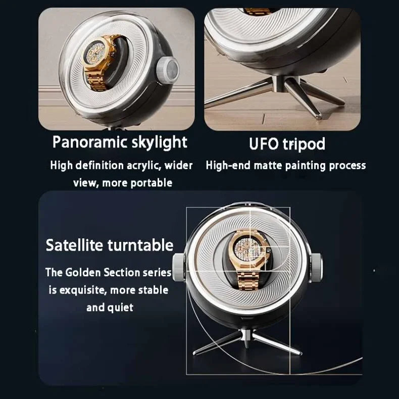 Modern watch winder with panoramic acrylic cover, UFO-style tripod, and golden watch display