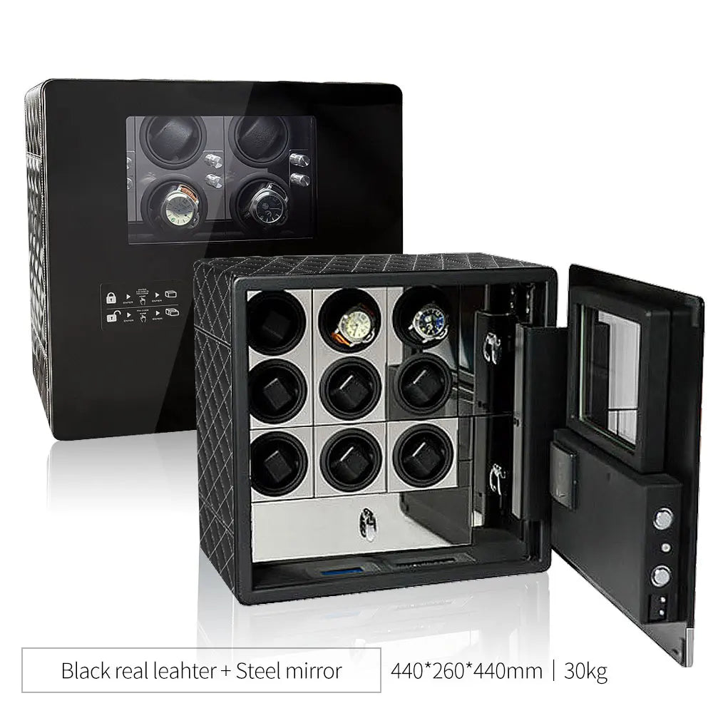 Black leather watch winder and safe with glass door, steel mirror, and multiple slots for watches.