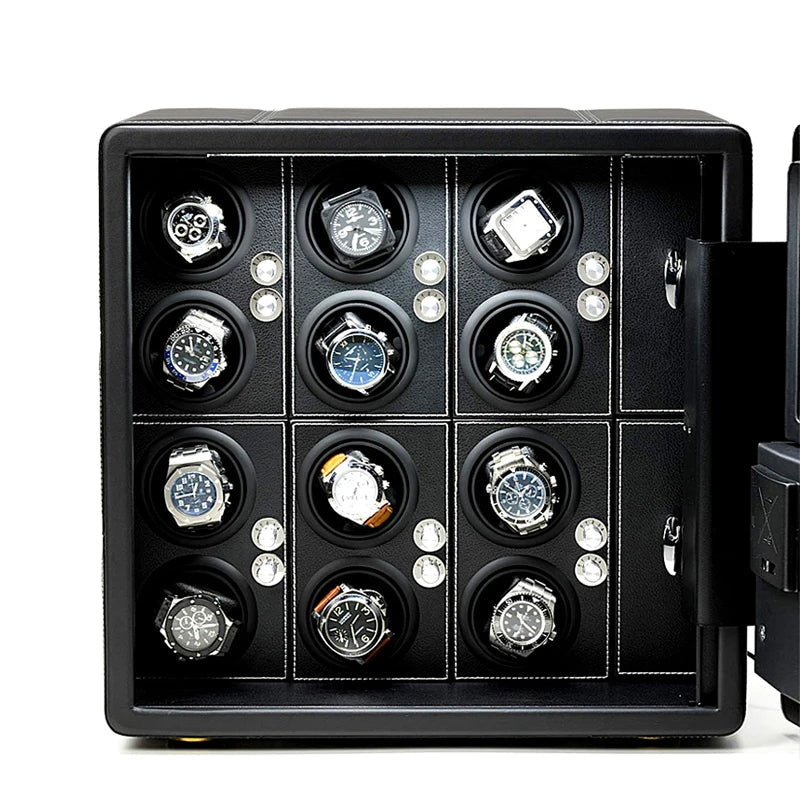 Luxury black watch winder safe with twelve wristwatches and multiple storage compartments.