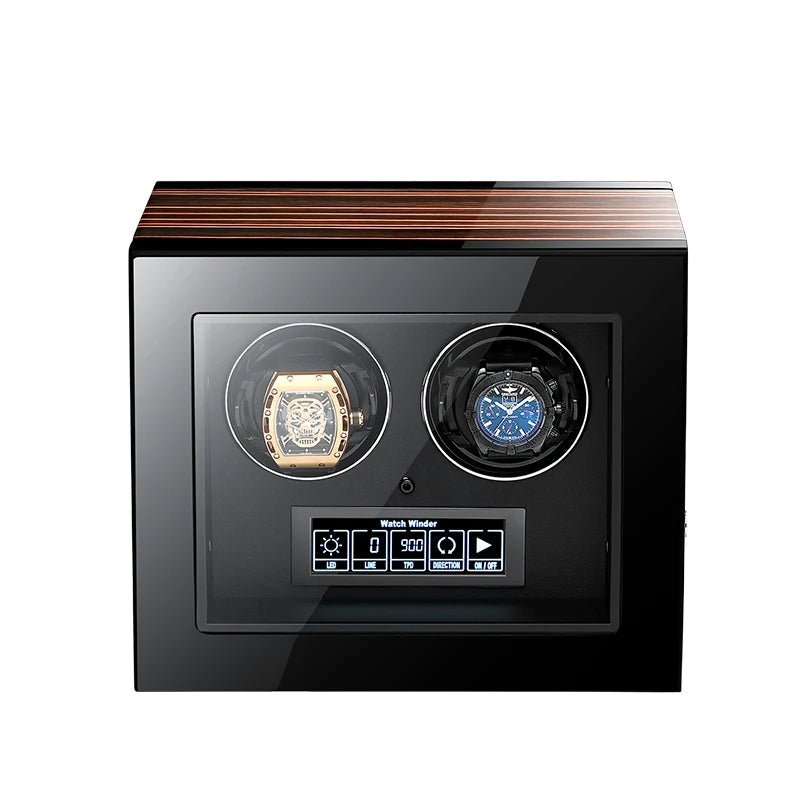 Dual watch winder with digital display, black glass front, showcasing luxury watches