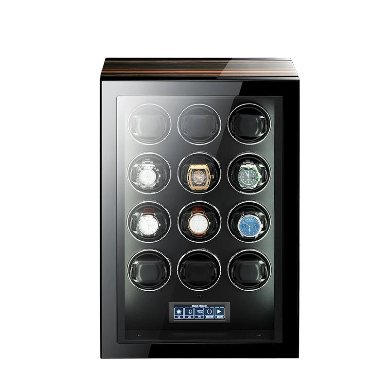 Luxury watch winder with glass door, holding multiple watches, digital control panel