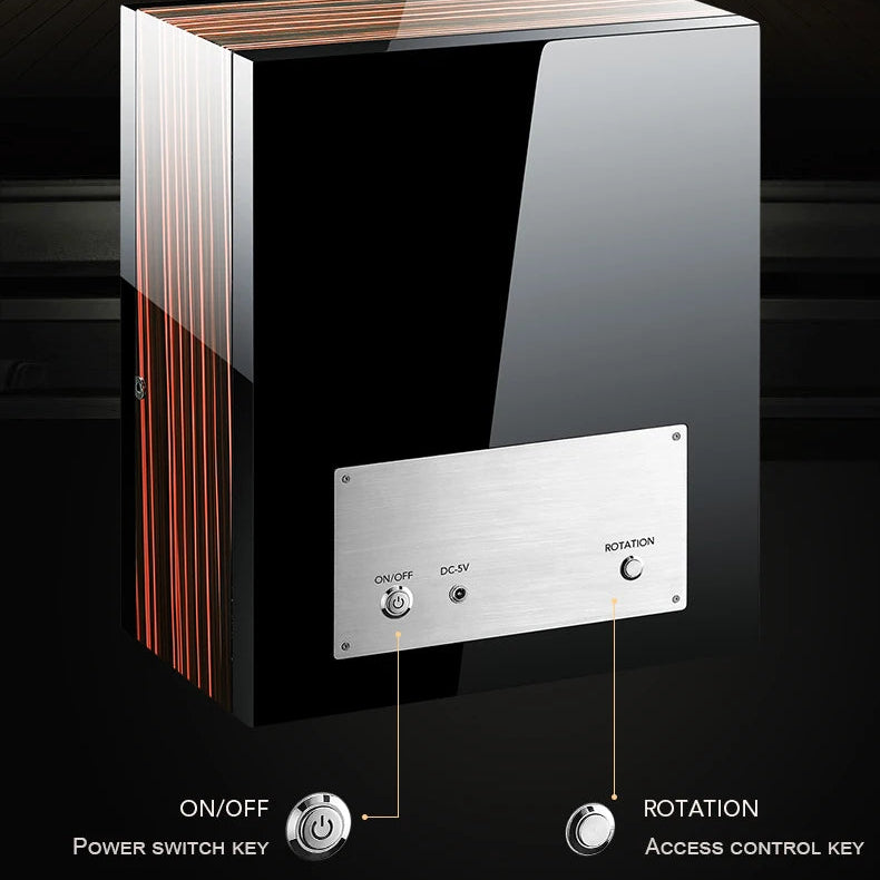 Glossy black and wood grain watch winder with stainless steel control panel and power switch.