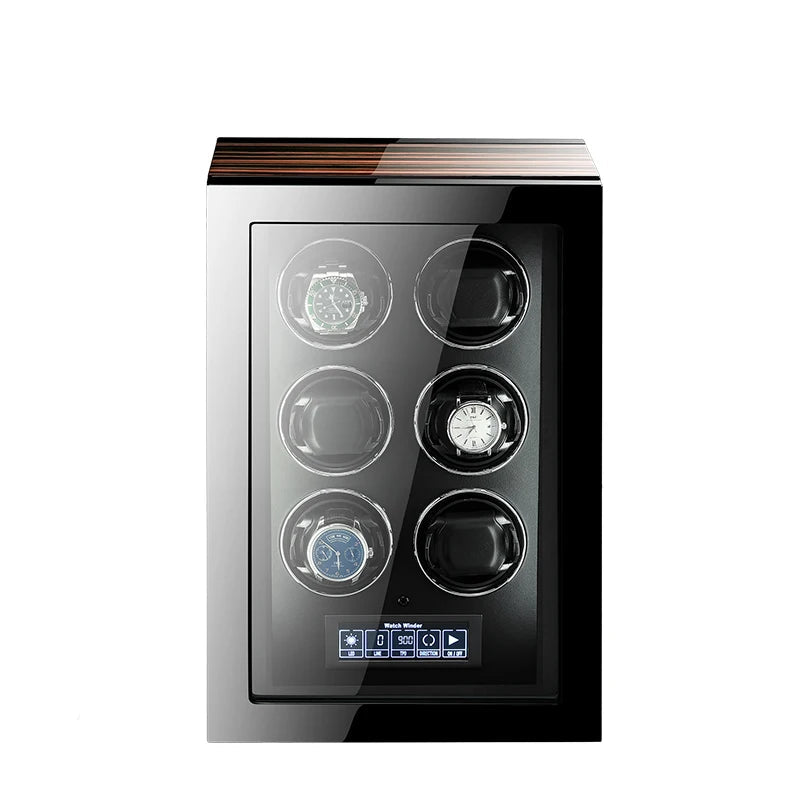 Luxury six-slot watch winder with glass door, digital display, and multiple watches inside
