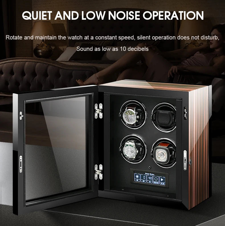 Luxury automatic watch winder with glass door and four slots, displayed in a modern bedroom.