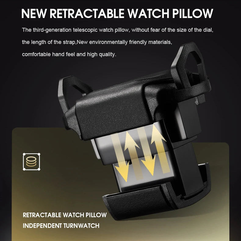 Close-up of a black retractable watch pillow with adjustable, telescopic design for watch storage.