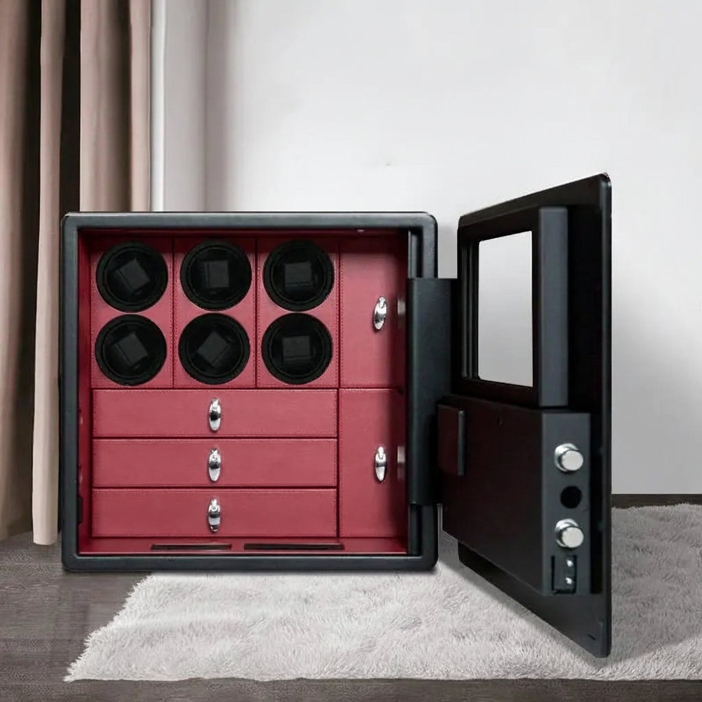 Luxury watch winder safe with red leather interior, multiple winders and storage drawers.