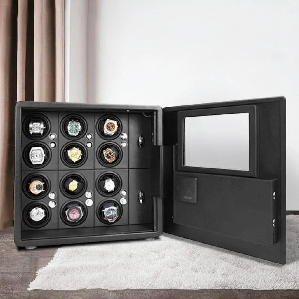 Luxury black watch winder safe open with multiple watches displayed on shelves