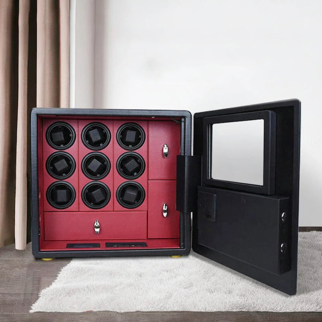 Luxury watch winder safe with red interior, open on a rug in a modern room