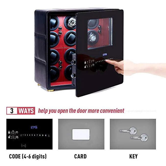 Black watch winder safe box with digital keypad, card slot, and key access options