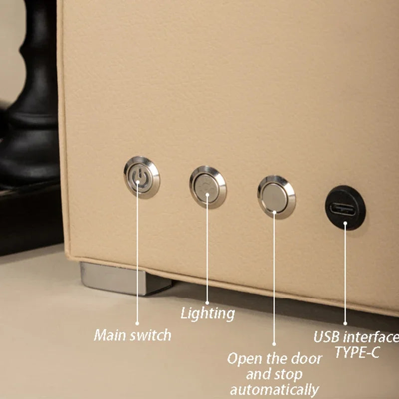 Beige watch winder control panel with power, lighting, auto stop buttons and USB Type-C port