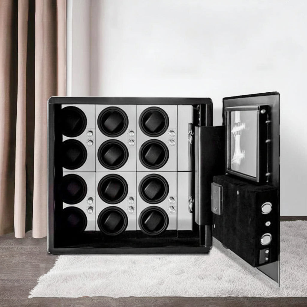 Luxury watch winder safe with multiple slots, open on white rug in modern room
