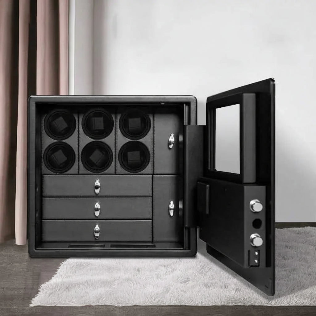 Luxury watch winder safe with six watch slots and storage drawers, open in modern room