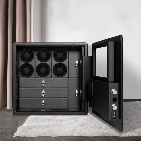 Luxury watch winder safe with six watch slots and storage drawers, open in modern room