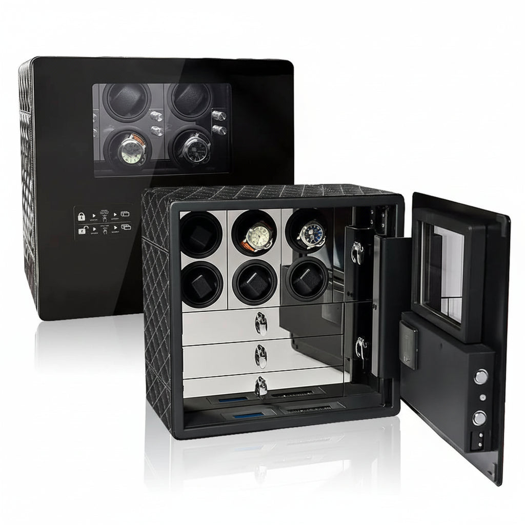 Black luxury watch winder safe with open glass door and multiple watch slots
