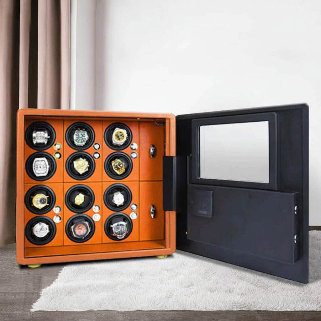 Luxury orange watch winder safe with open door, displaying multiple wristwatches inside