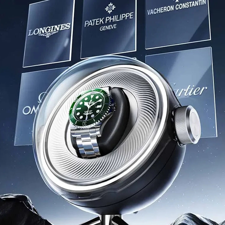 Modern watch winder with a green dial luxury watch, set against brand logos background.