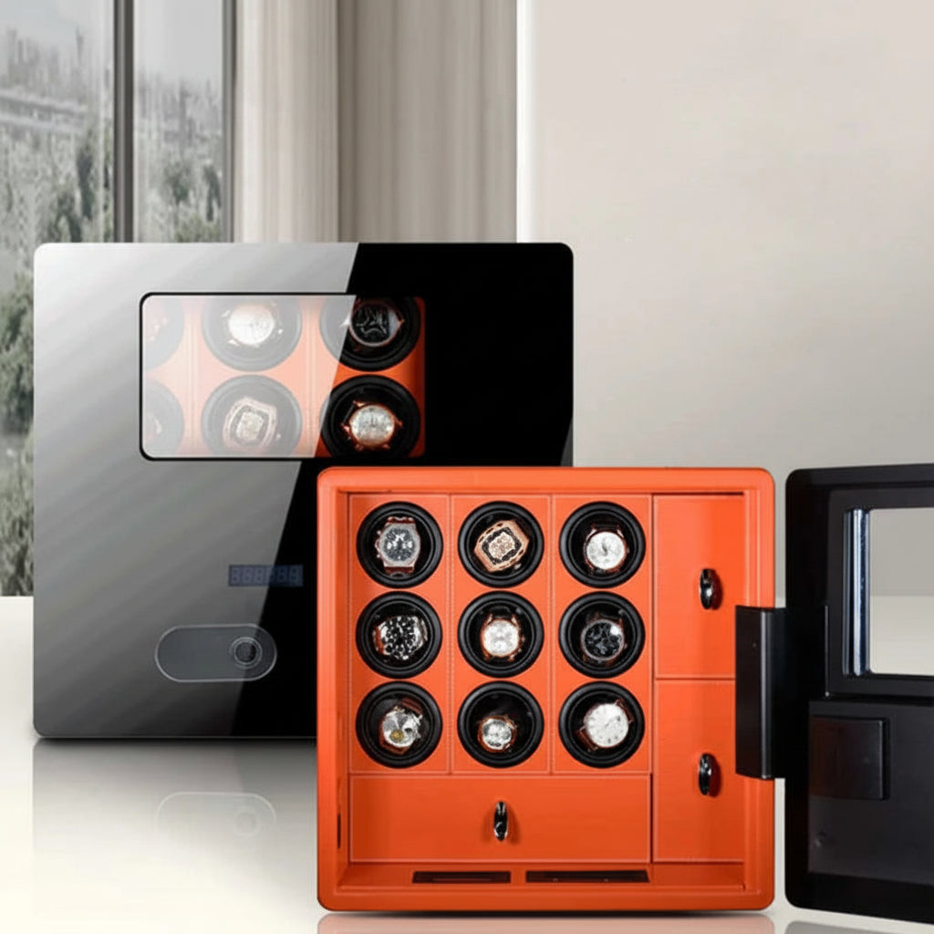 Modern orange and black watch winder box with nine watches displayed in a luxury interior setting