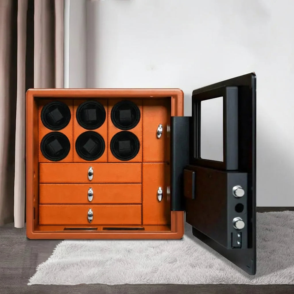 Luxury watch winder safe with six winders and drawers, open on a rug in modern room