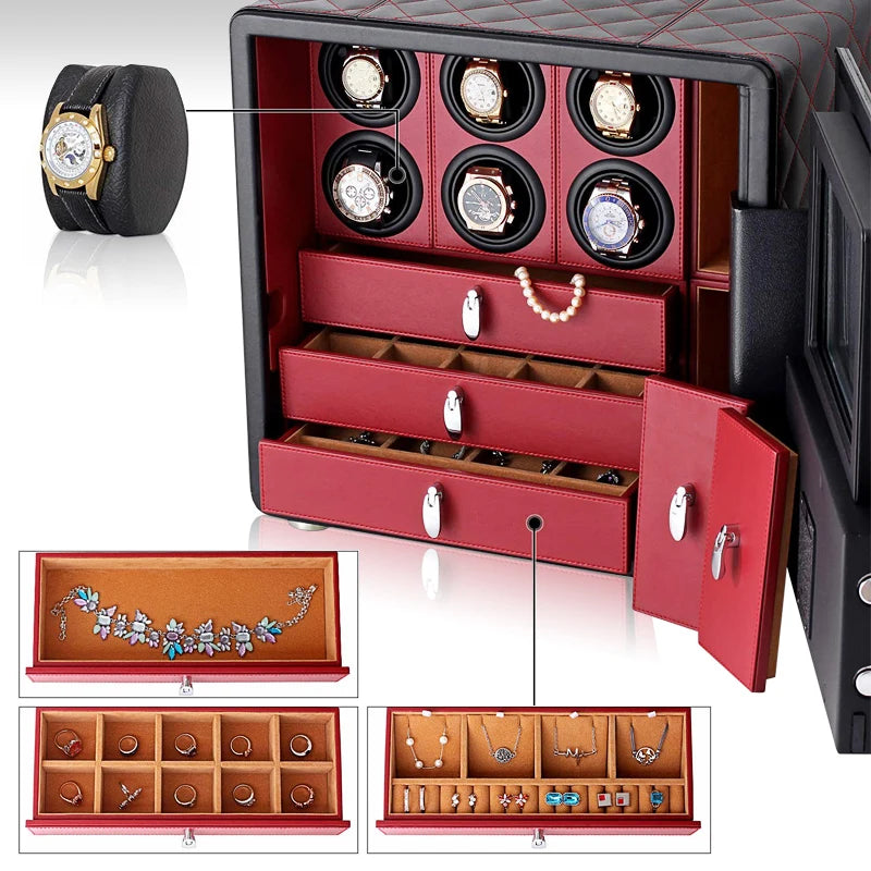 Luxury watch winder and jewelry box with black and red leather, multiple compartments and drawers.