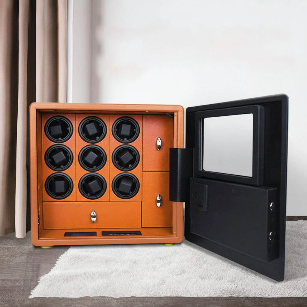 Luxury orange watch winder safe with open door, nine slots, drawers, and digital panel